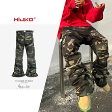 MIJKO男装女迷彩涂层微喇机车裤男女同款拼接设计拉链阔脚长裤潮