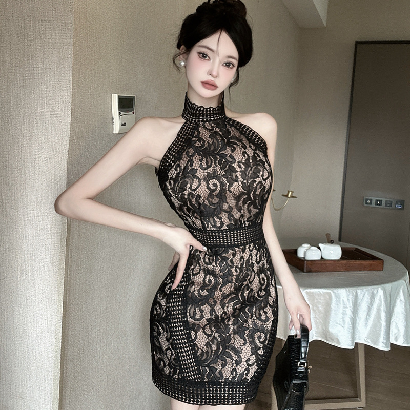 French-Style Lace Hollow-Out Halter Dress 2026 Summer New Sexy Off-Shoulder Slim-Fit Bodycon Pencil Dress French-Style Lace Hollow-Out Halter Dress 2026 Summer New Sexy Off-Shoulder Slim-Fit Bodycon Pencil Dress