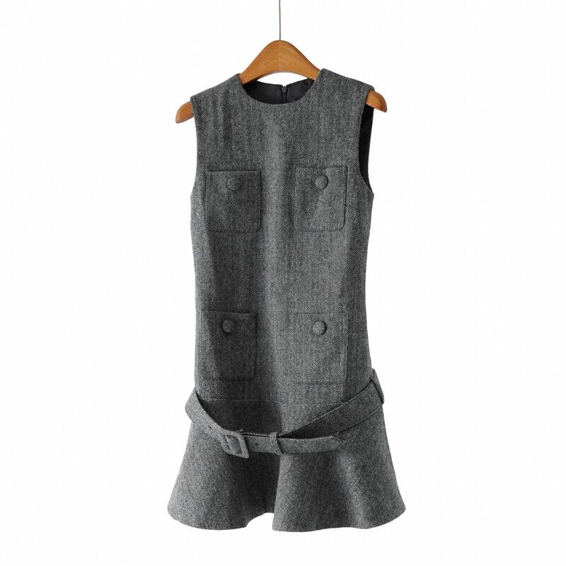 Same Origin as Cabinet Goods! S*P Early Spring New Gray Mixed Color Sheep Wool Small Fragrant Herringbone Dress with Belt