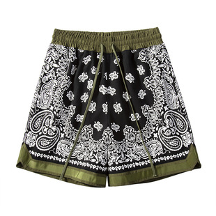 European and American high street style color matching cashew flower shorts washed distressed loose drawstring shorts stitching sports pants