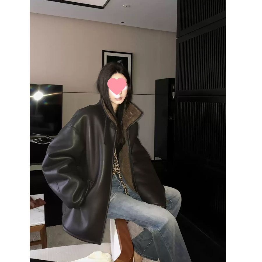 Fur Integrated Stand Collar Plus Velvet Thickened Jacket for Women Winter Loose Retro Motorcycle Jacket for Women