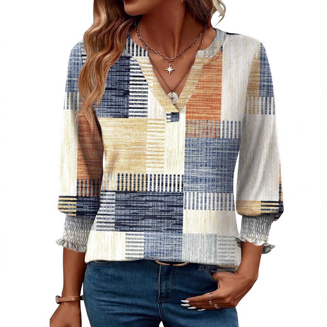 European And American Cross-border Women's 2026 Fashion Top, Three-quarter Sleeve Floral Print Casual Shirt, Summer_ecoleips.com