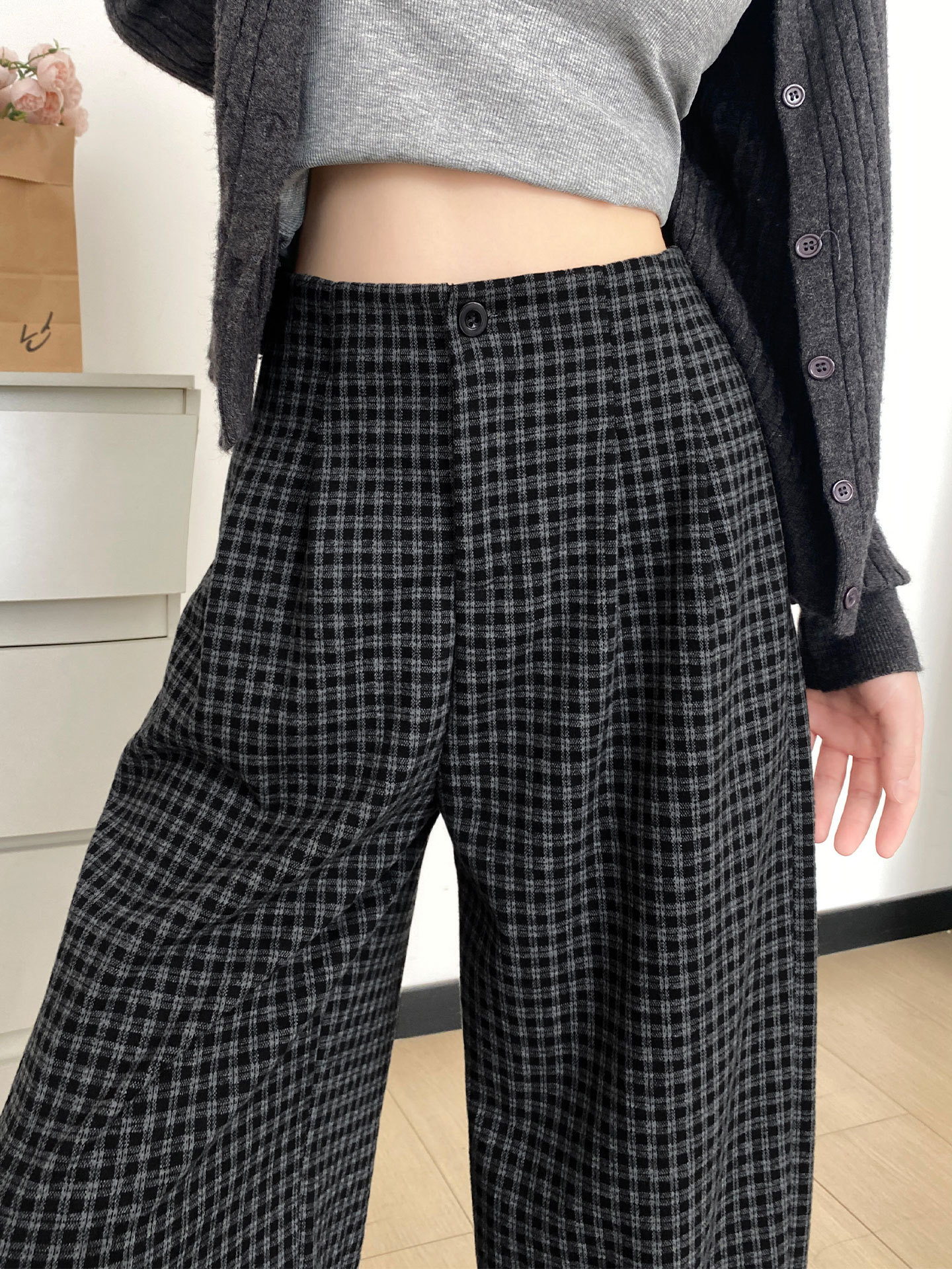 Pantalones Anchos Rectos a Cuadros para Mujer Poliéster Corte Recto, Holgado para Uso Casual