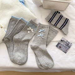 蝴蝶結襪子女春夏薄款灰色中筒襪時尚miu系堆堆襪女韓國襪子無骨