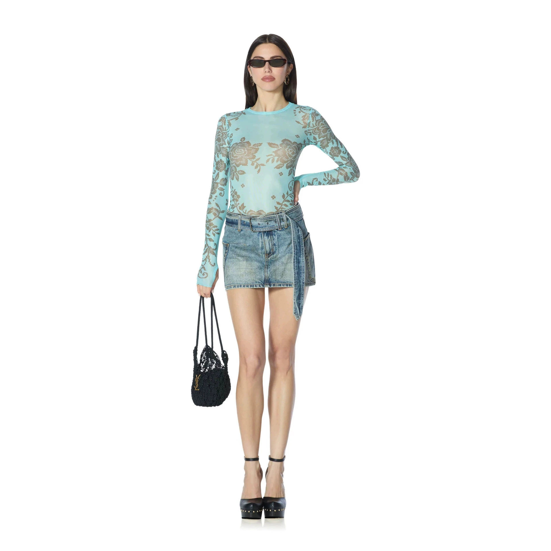 European and American cross-border popular retro floral mesh print jumpsuit top for women, slim fit, long sleeves, sexy base layer.