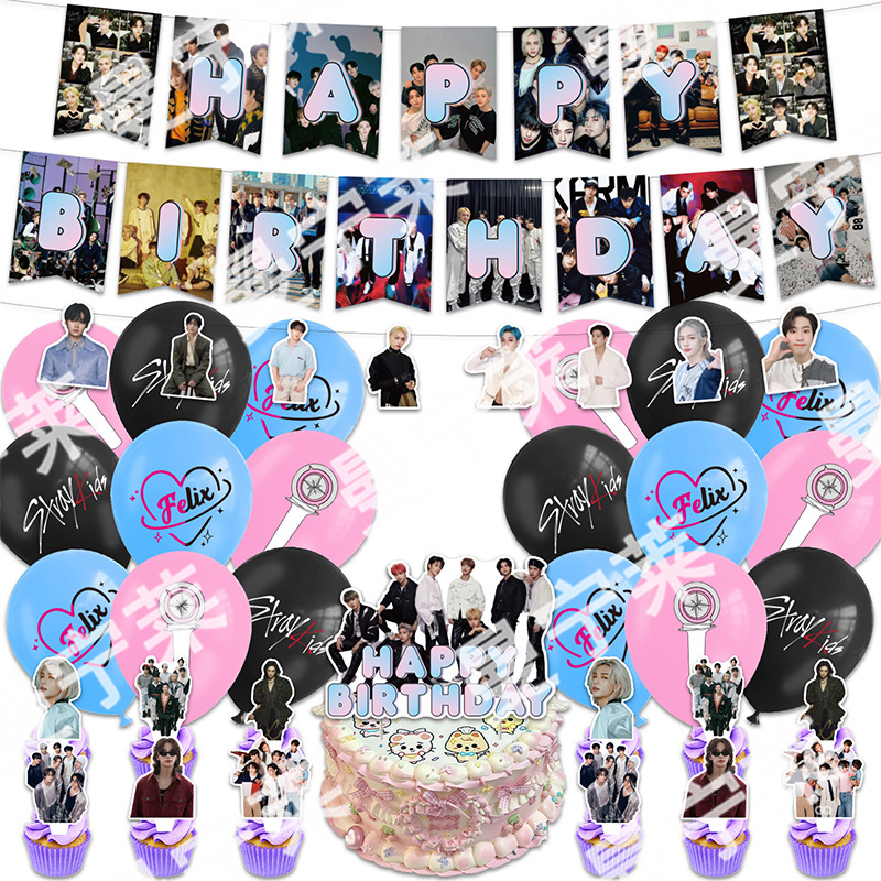 新款straykids生日派对装饰拉旗气球背景布蛋糕插排skzoo派对用品|undefined