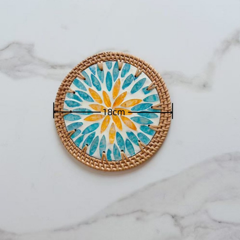 등나무 컬러 쉘 라운드 18cm 코스터 골드 그린 리프 단일 조각