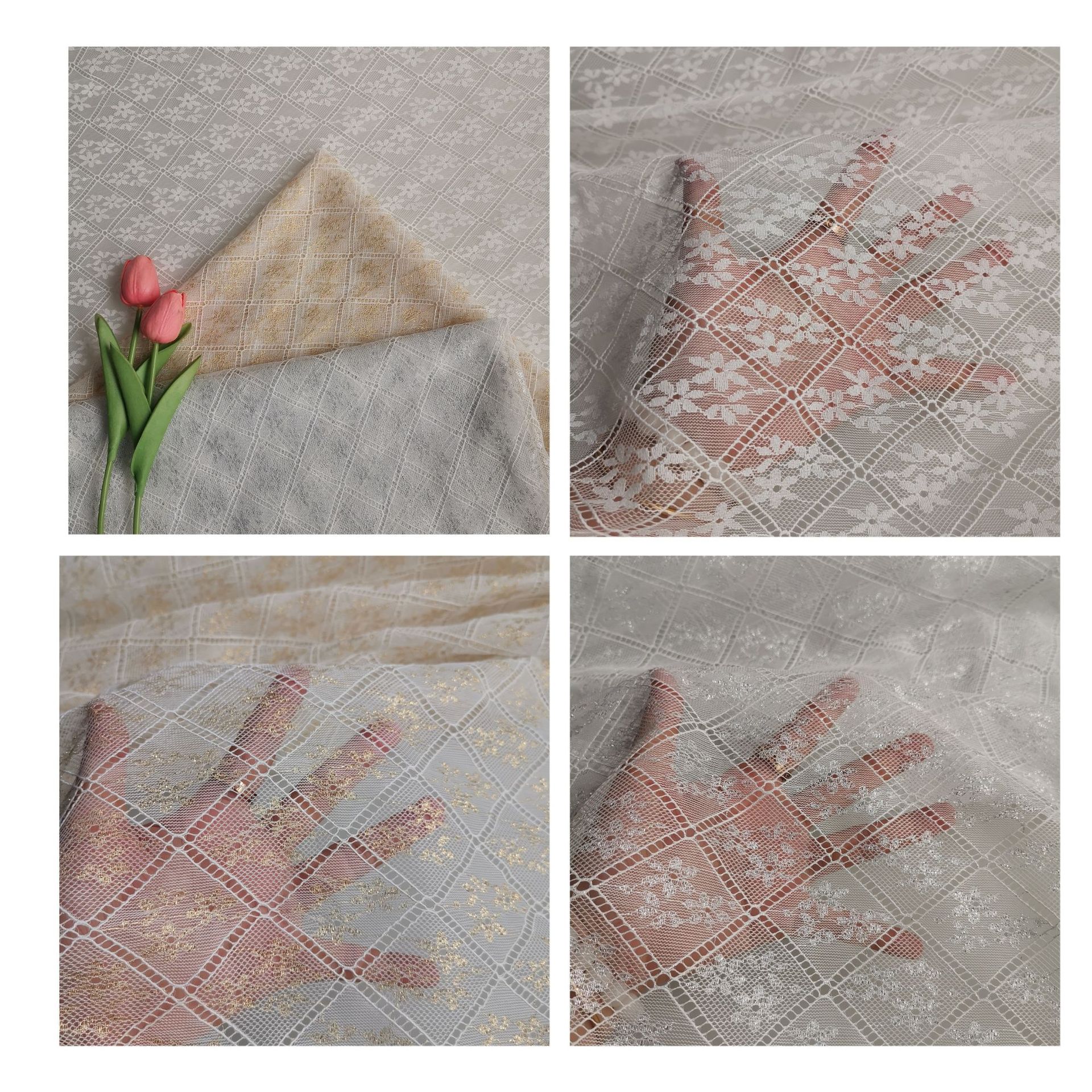 新品蕾丝~涤棉涤纶无弹金银丝方块小花蕾丝 裙装箱包鞋帽等面料