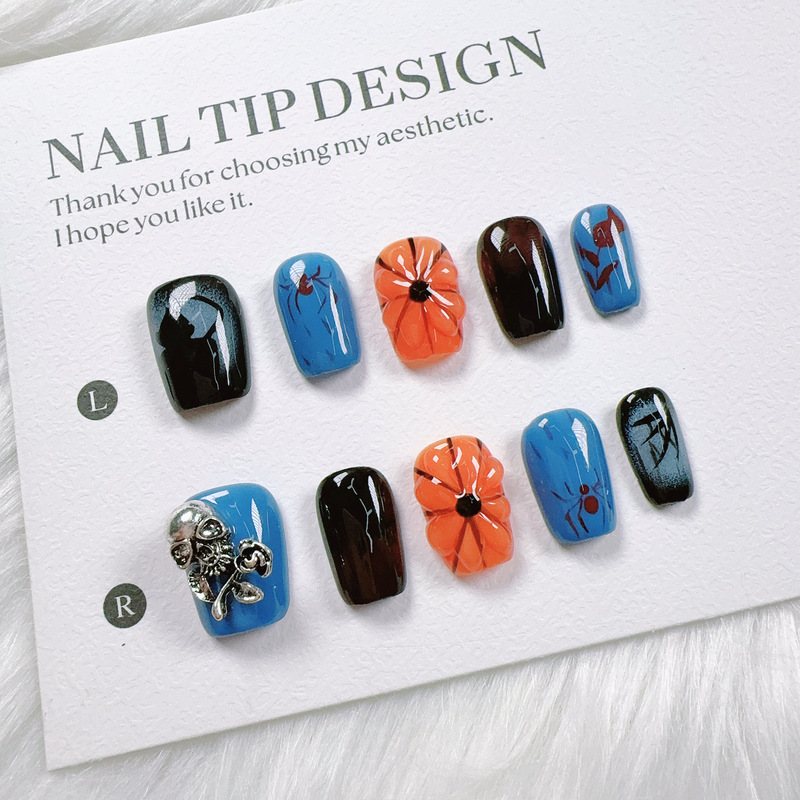 Purely Hand-Painted Halloween Style Spider Bamboo Leaf Manicure Cross-Border High-End Three-Dimensional Cat Wholesale Short Style