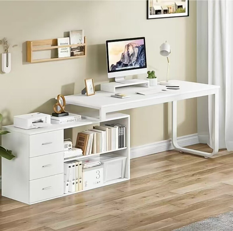 Cross-Border E-Commerce Export White Desk with Drawers and Shelves, Long L-Shaped Desk, Detachable