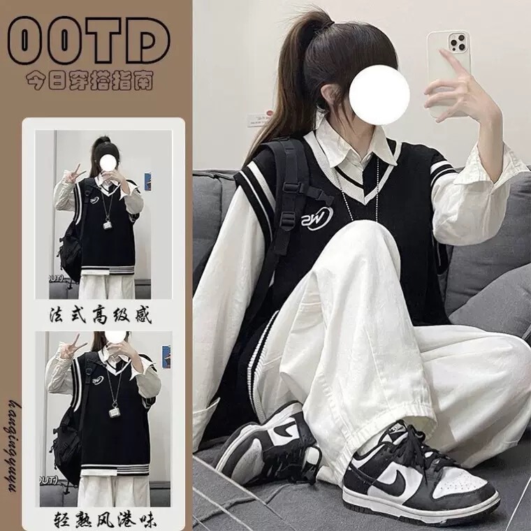 Three-piece Suit Women's Spring and Autumn College-style Loose Black V-neck Stacked-up Knitted Vest Blouse Fashionable Wide-leg Trousers