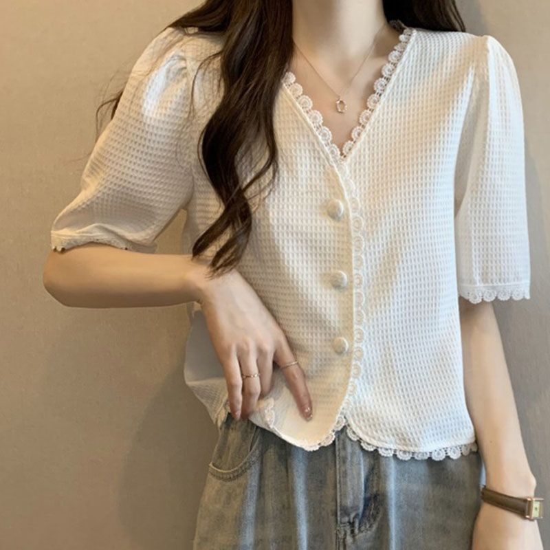 plus size Women's Clothing French V-neck Short-sleeved T-shirt Women's Summer New Fat Sister Shoulder Shoulder Covering Flesh Slimming Design Top plus size Women's Clothing French V-neck Short-sleeved T-shirt Women's Summer New Fat Sister Shoulder Shoulder Covering Flesh Slimming Design Top