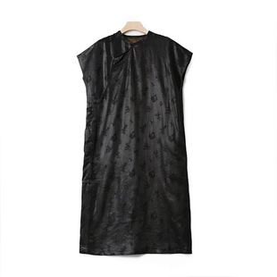 2024新款新中式真絲混紡香雲紗花鳥提花AB色夏季經典旗袍連衣裙潮