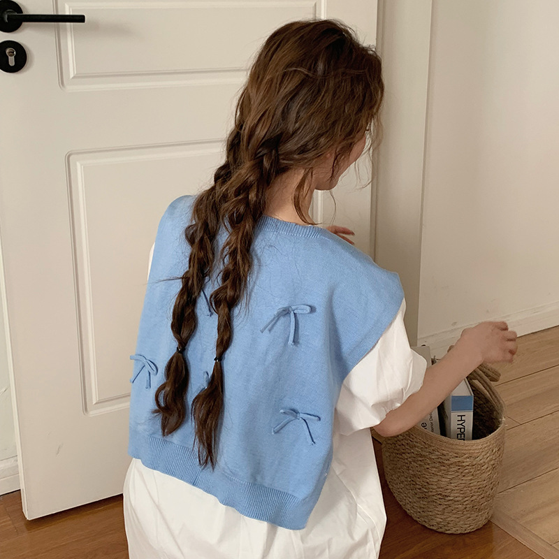 Sopa de punto para mujeres otoño y invierno nuevo arco tridimensional con falda camisa de nudos de cuello pequeño hombro de hombro