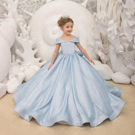 女童礼服走秀公主裙蝴蝶结儿童主持人钢琴中大童演出服蓝色花童裙