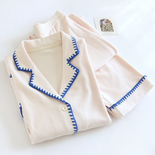 DeRong solid color simple long-sleeved trousers pajamas for women autumn and winter thickened and warm simple casual cardigan home wear set