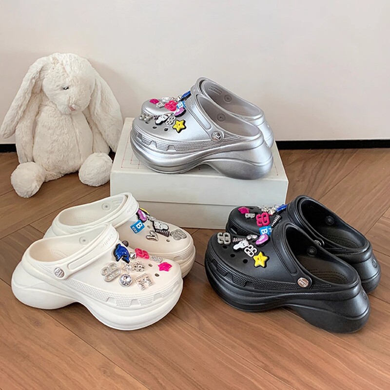 Ready Stock Shipped in Seconds! Heightened Version 8.5cm Thick-Soled Beach Cartoon Eva Toe-Toe Slippers Women's Clogs Outer Sandals