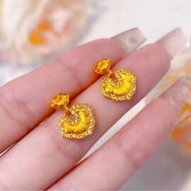 古法沙金四叶草耳钉女小众设计镶钻爱心首饰百搭时尚蝴蝶耳环批发
