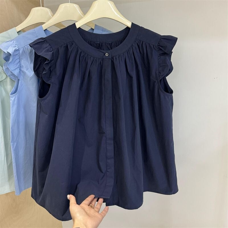 100% cotton, sweet design babydoll shirt with flutter sleeves and round neck, women's summer niche sleeveless chic top 100% cotton, sweet design babydoll shirt with flutter sleeves and round neck, women's summer niche sleeveless chic top