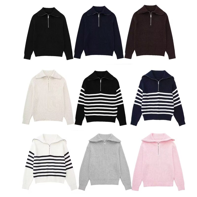 New Cross-Border Women's Fashion Casual Versatile Turn-Down Collar Loose Long-Sleeve Half-Zip Striped Knit Sweater