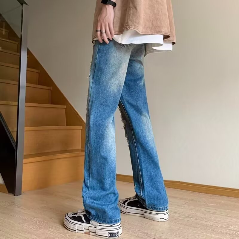 Men's Distressed Jeans Black to Gray Washed Straight-Leg Denim Pants High Street Grunge Style_mkmklike.com