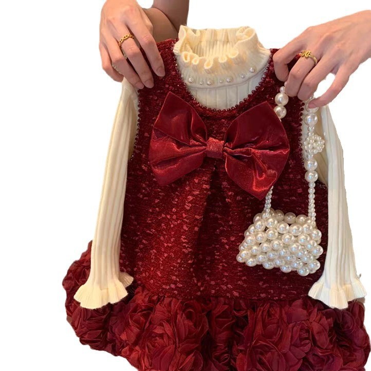 Jubileo vestido de la princesa de las niñas, vestido de aniversario, nuevo chaleco de invierno de mujeres, vestido de lana, vestido de Año Nuevo rojo