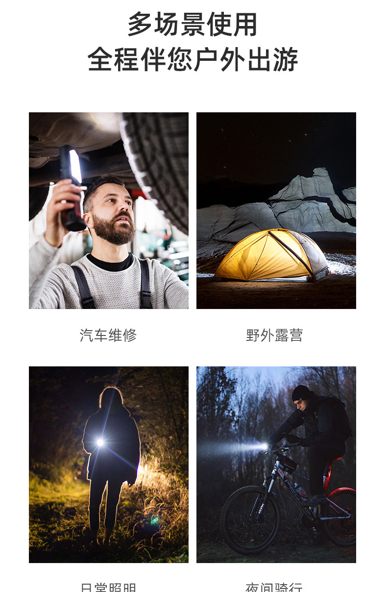 USB multi-functional COB magnet auto repair work light, LED red light warning light, strong flashlight, maintenance work light pic 8