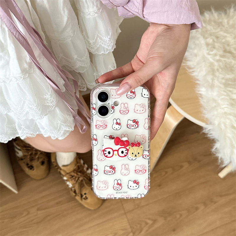 可爱戴眼镜KT猫兔子折叠支架适用iPhone16苹果15ProMax手机壳14女|undefined