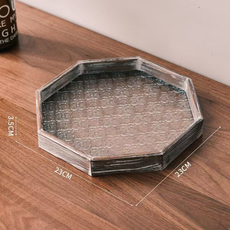 Luz de lujo retro bandeja octagonal sala de estar mesa de vidrio platos de taza de madera para el hogar bandeja de té