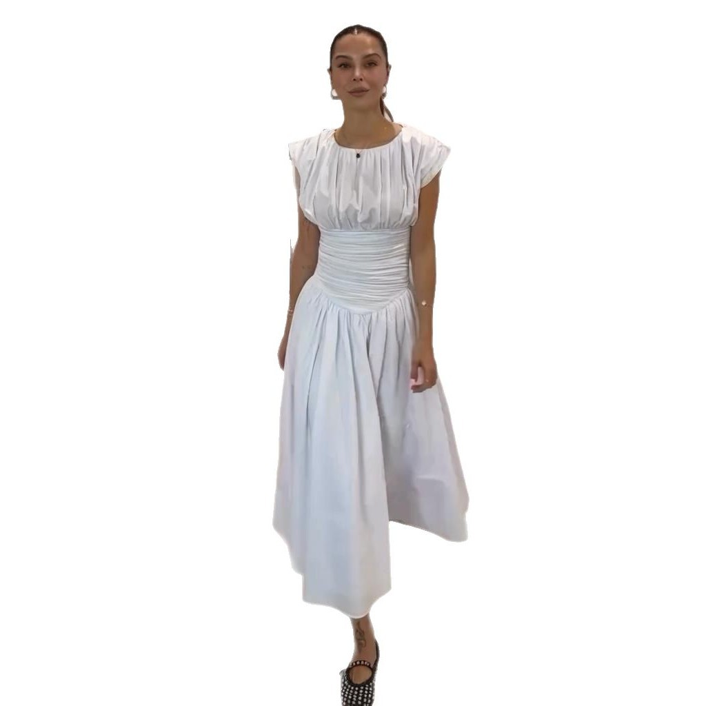 Waist Slimming A- Line Pleated Stitching Short Sleeve Mid-length Dress