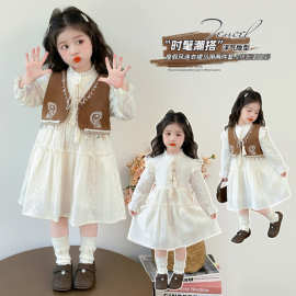 女童秋套装2025新款洋气时髦小香风儿童马甲春秋款女宝宝连衣裙子
