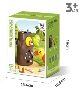Large [brown] tree stump + 9 insects and 1 woodpecker (english color box)