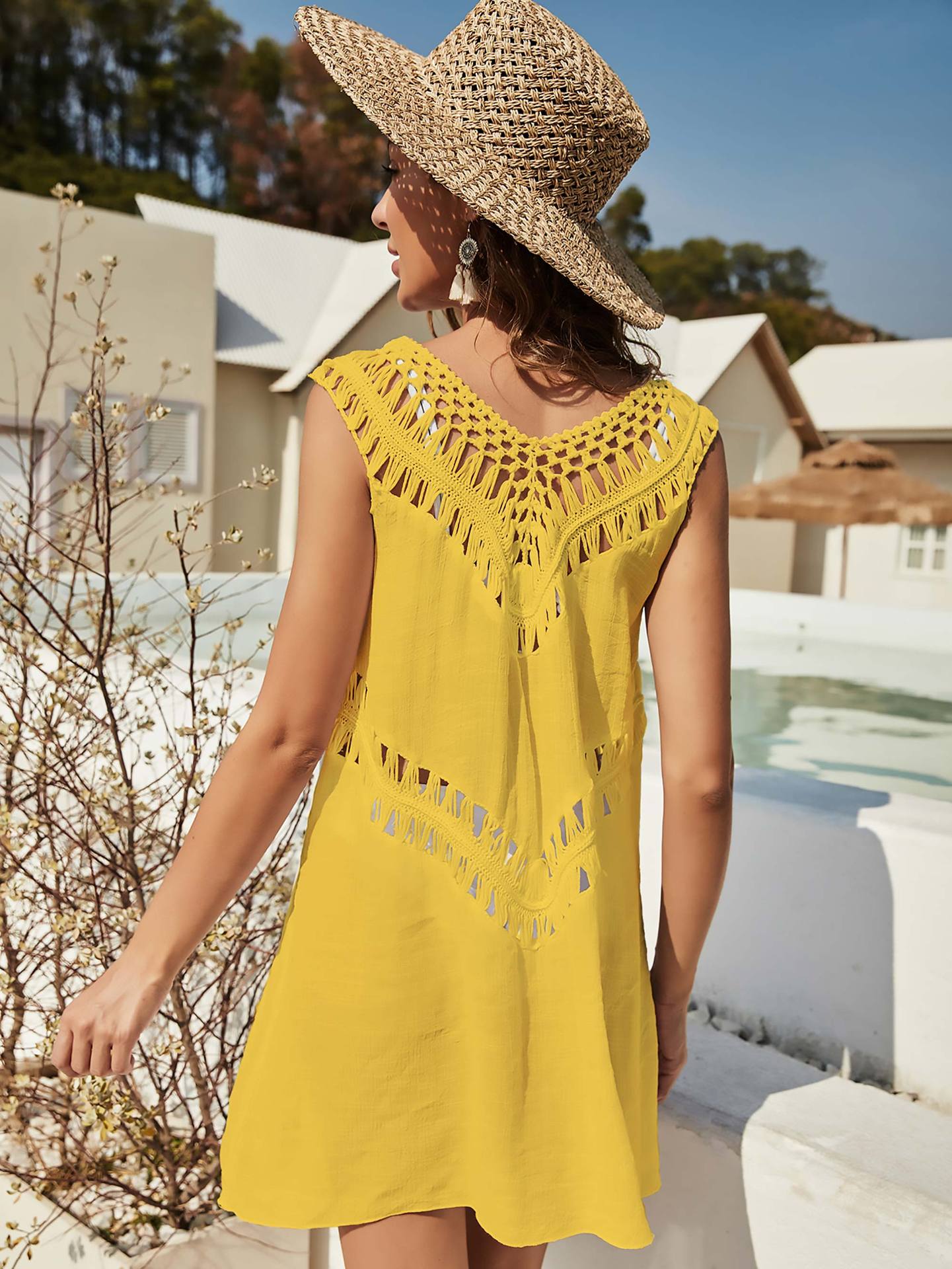 V-Neck Hollow A-Line Beach Vest Dress NSOY104710