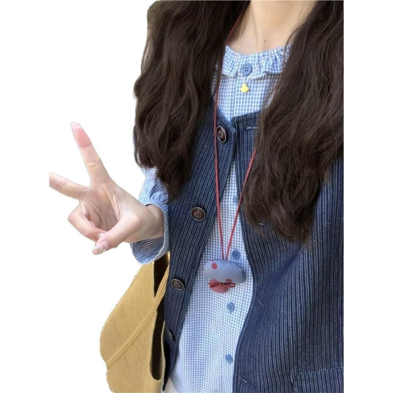 日系学院风简约条纹牛仔马甲搭配木耳花边格纹衬衫白裤子三件套装|undefined
