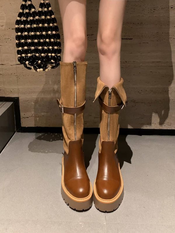 软皮不过膝长靴女2025秋冬季马丁靴皮带扣厚底机车骑士靴高筒靴子|undefined