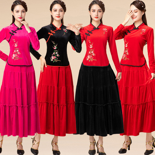 Square dance clothing new set  autumn winter velvet dance performance dress for women fan dance dancing clothes