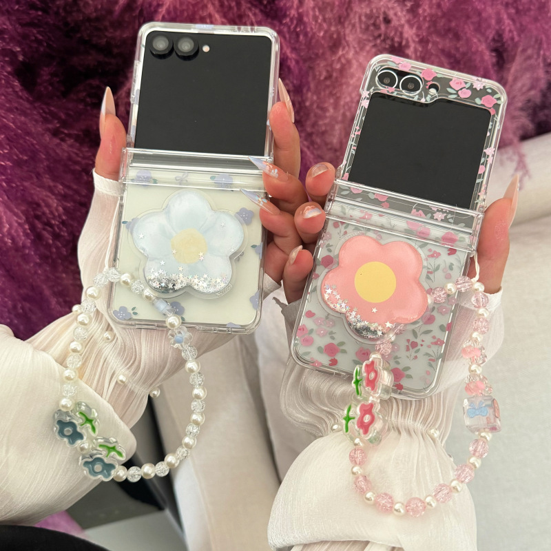 Korean Style Flower Suitable for Samsung Zflip7 Mobile Phone Case Samsung Zflip6 All-Inclusive Foldableing Screen Cute Transparent Hard Shell for Women
