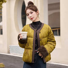 新中式国风羽绒服女短款2025冬季新款设计感仿水貂毛拼接保暖外套