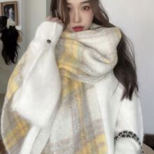2024毛格纹围巾女韩系冬季情侣保暖百搭披肩拼色格流苏围脖ins风