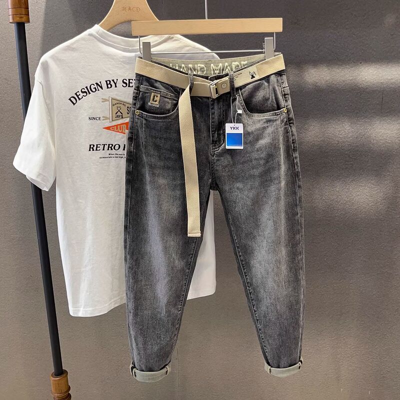 High-End Gray Tapered Jeans Summer Men's Trendy Brand Cropped Pants Slim Fit Skinny Stretchy Summer Thin Stylish