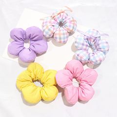 春夏のチェック柄ヘッドフラワー、綿入りリボンヘッドフラワー、子供用フラワーリング、かわいいポニーテールヘアアクセサリー