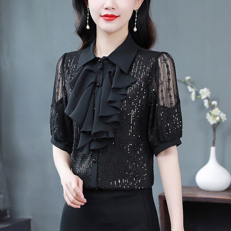 Nuanfeng Lai Sequin Hollow Out Patchwork Shirt 2026 Summer New Trendy Fashion Lace Slimming Top for Women