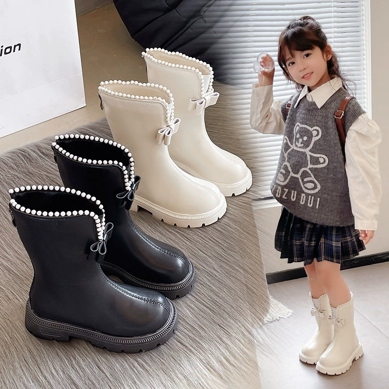 Девочки плюс бархатные сапоги 2024 осень-зима новая маленькая девочка мода высокие кожаные сапоги бант жемчужная принцесса хлопчатобумажные сапоги