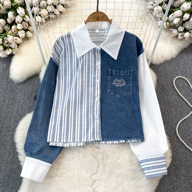 Contrast Denim Fake Two-piece Shirt Women's Early Spring 2024 New Korean-style Chic Design Striped Trendy Top for Women