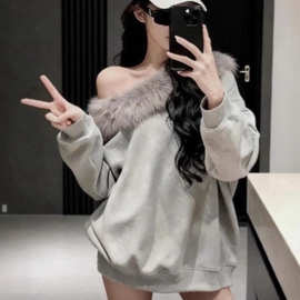 美式斜肩毛毛领宽松卫衣女秋冬韩版慵懒风休闲衣外套赵露思同款