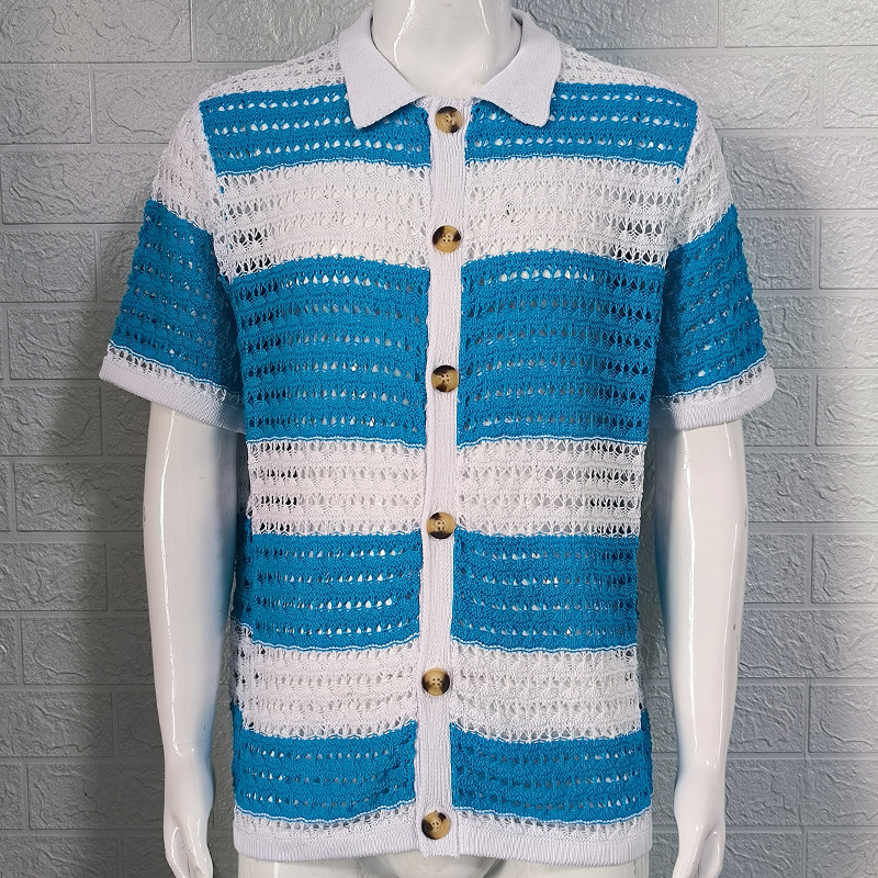 Men's Knit Shirt With Turn-down Collar And Color Block Design_voghion.com