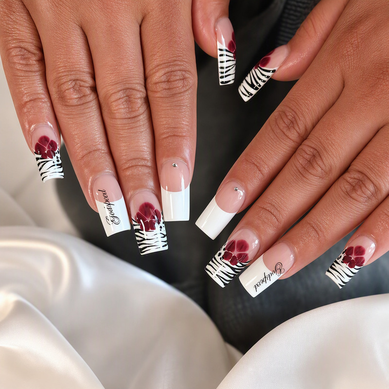 Wearable Nails with Cross-Border European and American French-Style Zebra Pattern, Wine Red Hand-Painted Petals, English Artistic Lettering, Nail Art Tips Available for Wholesale