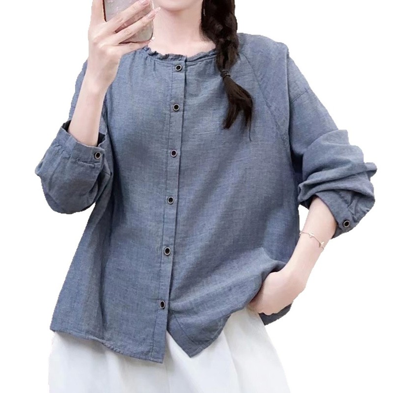 秋装双层棉纱长袖花边领女新款宽松棉质休闲衬衫开衫上衣衬衣|undefined