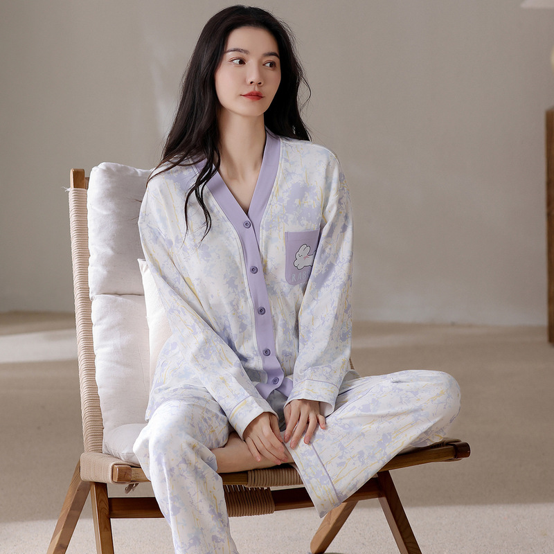 网红纯棉秋季睡衣女和服V领开衫气质晕染蓝长袖长裤春家居服套装|undefined