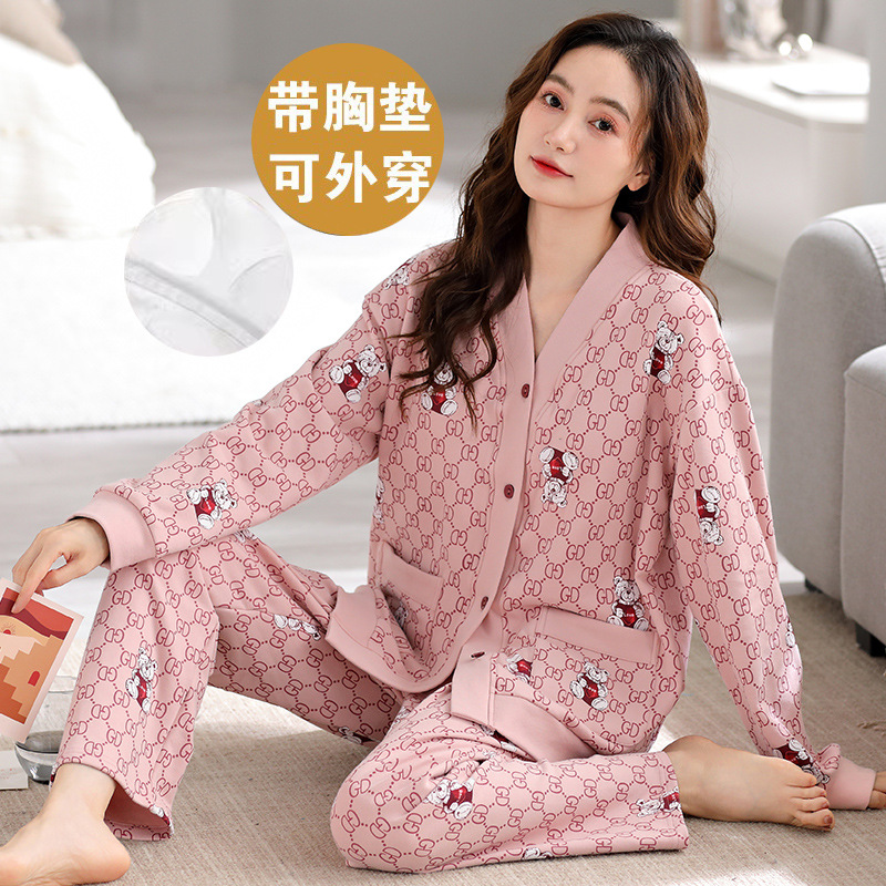 Autumn New Cardigan Kimono Imitation Cotton Belt Chest Pad Long Sleeve Pajamas suit Women's Spring and Autumn Outfit Casual Home Clothes